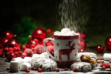 Hot chocolate or cocoa beverage with cinnamon and gingerbread cookies in snowon vintage wooden table background.