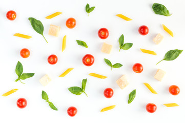 Italian food pattern with red tomatoes, pasta, basil leafs, cheese, isolated on white background