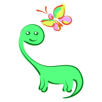 The dinosaur and butterfly a child's drawing.Vector illustration.