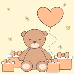 cute cartoon teddy bear with heart balloon and gift box vector illustration