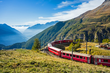 Graubünden, Schweiz. Mit der Bahn von der Alp Grüm durch das Puschlav nach Tirano - obrazy, fototapety, plakaty