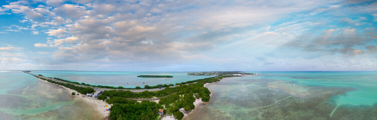 Overseas Highway and Florida Keys coastline, aerial sunset view