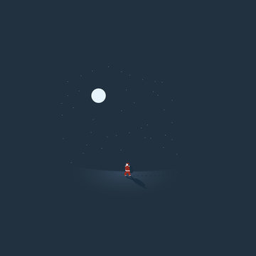Santa Claus walking in snow on Christmas night with moon shining. Minimalistic style vector cartoon for holiday.