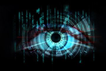 Eye of a woman with digital signs and numbers