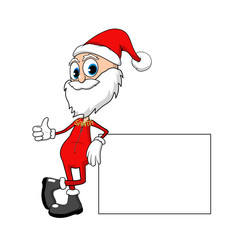 freundlicher Santa lehnt auf Werbeschild, Daumen hoch