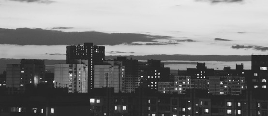 urban sky panorama. black and white photo