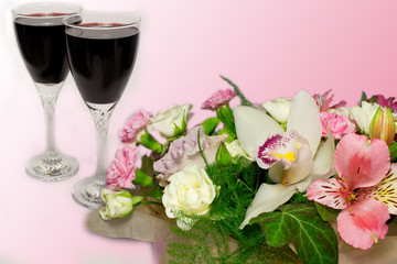 Beautiful bouquet and two Wine Glasses