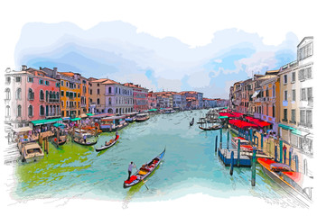 Venice - Grand Canal. The view from the Rialto Bridge. Vector drawing