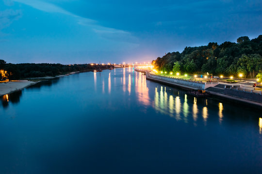 View of the river Sozh night with reflections night city lights