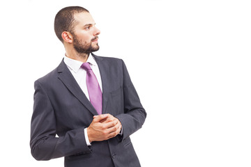 Side view portrait of a handsome businessman looking at copyspac