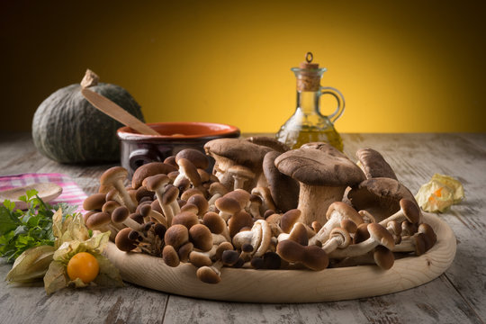 Misto di funghi freschi su un piatto tondo in legno su un tavolo 