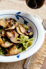 Pasta with Mushrooms and Eggplant and Spinach Walnut Pesto Sauce