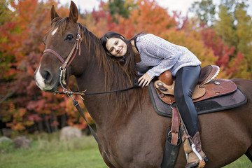Beautiful girl with black hair   horse