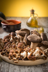 Misto di funghi freschi su un piatto tondo in legno su un tavolo 