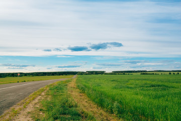 Fototapeta na wymiar Motorway open road among fields Landscape with cloudy sky