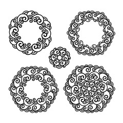 vector, contour, design element, black and white illustration, a set of mandala, round frame, floral ornament, doodle style coloring page