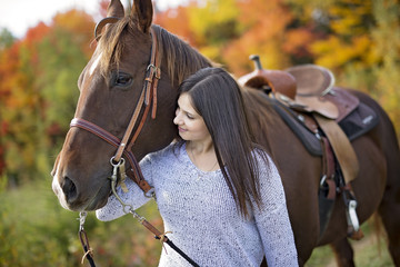 Beautiful girl with black hair   horse