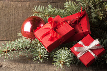 Luxury New Year gifts, different present boxes under Christmas tree in holiday eve, Christmastime celebration, home decorated with festive shiny balls, magic night