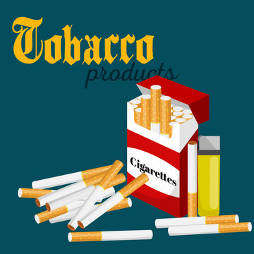 Smoking Tobacco Cigarette With Filter In Red Box And Lighter Vector Illustration