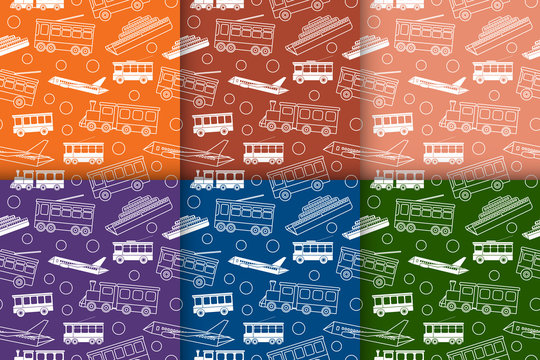 Set of seamless patterns with different types of transport - bus, tram, trolleybus, train, ship and airplane in retro colors. Line objects in flat style. Vector illustration.