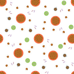 Seamless pattern with cookie, candy and coffee. Vector color background.