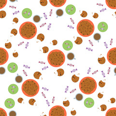 Seamless pattern with cookie, candy and coffee. Vector color background.