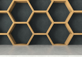 Concrete table with wooden  hexagons shelf background, 3D rendering
