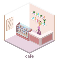 Isometric interior of sweet-shop. People sit at the table and eating.