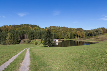 Fototapeta na wymiar Étang de Haute-Saône en automne 