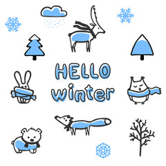 Set of winter illustrations. Vector animals and trees isolated on white. Deer, owl and rabbit in cartoon style. Doodle fox and bear. Funny animals wear scarves. Cute childish design