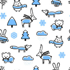 Seamless pattern with doodle winter illustrations. Cute animals wear scarves. Deer, owl and rabbit in cartoon style. Funny fox and bear