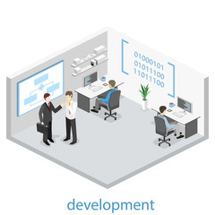 Flat 3D vector isometric concept illustration of office software developer and teamwork. .