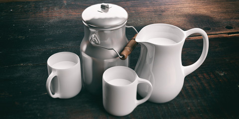 Can, jug  and cups with milk. 3d illustration