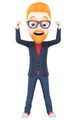 Cheerful man with red hair on a white background celebrates vict