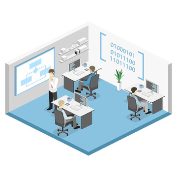 Flat 3D vector isometric concept illustration of office software developer and teamwork. .