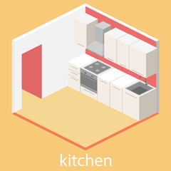 Isometric flat 3D interior of kitchen. full set of kitchen furniture vector ilustration.