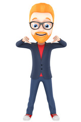 Cheerful man with red hair on a white background points on itsel