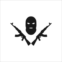 Terrorist balaclava mask ak symbol silhouette icon on background