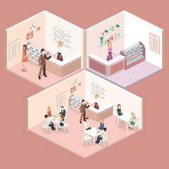 Isometric interior of sweet-shop. People sit at the table and eating.