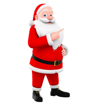 Jolly Santa Claus points a finger at the empty space. 3d render