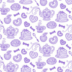 vector, design element, contour illustration, seamless pattern, tea time, heart, sweets, coffee, tea, breakfast