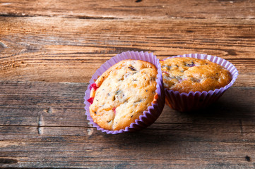 Tasty homemade muffins. Top view. Copyspace