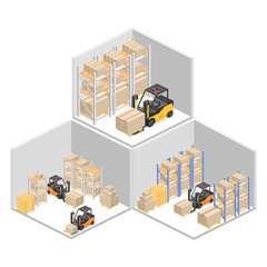 isometric interior of warehouse. The boxes are on the shelves. Flat 3d illustration.