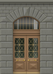 Classic facade with wooden door in a classic style. Vector graphics
