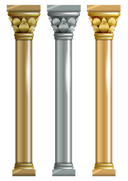 Set of three vector columns in the Oriental style. Gold, bronze, silver,