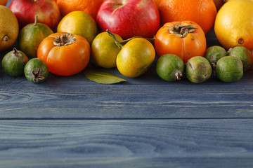 Summer frame with fresh organic vegetables and fruits on wooden