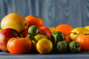 Fototapeta na wymiar Summer frame with fresh organic vegetables and fruits on wooden