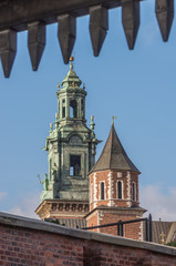 Wawel cathedral towers seen through the gate, Krakow, Poland