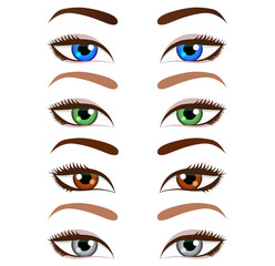 Set of cartoon beautiful women eyes and eyebrows. Vector illustration