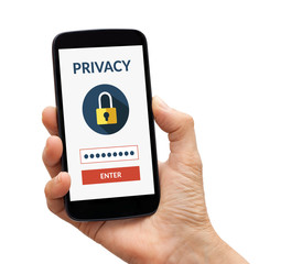 Hand holding smart phone with online privacy concept on screen. All screen content is designed by me